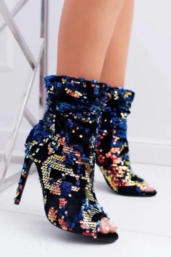 New Boto Botki Damskie Na Obcasie Eleganckie z Cekinami Opalizujące Harley