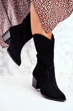 Boto Botki Na Słupku|Czarne Botki*Botki Damskie Na Obcasie Skóra Nubuk Czarne Nicole 2580