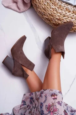 Damskie Boto Botki Damskie Na Obcasie Wiosenne Skóra Zamsz Ciemne Cappuccino Nicole 2430