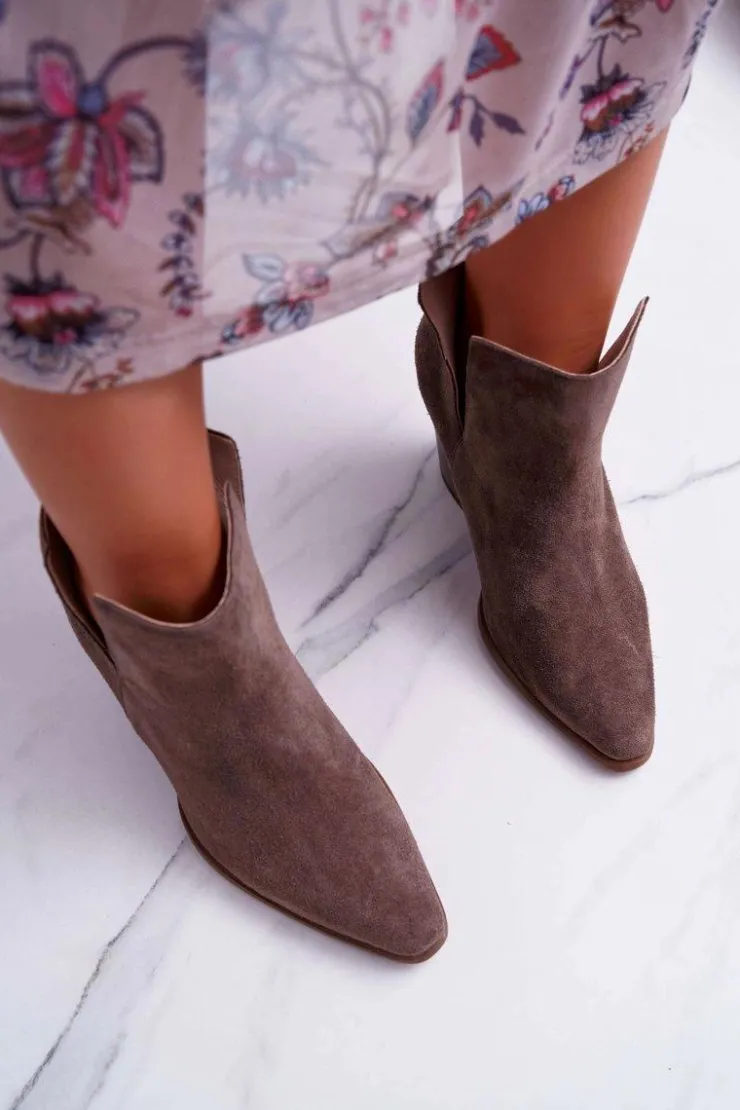 Damskie Boto Botki Damskie Na Obcasie Wiosenne Skóra Zamsz Ciemne Cappuccino Nicole 2430