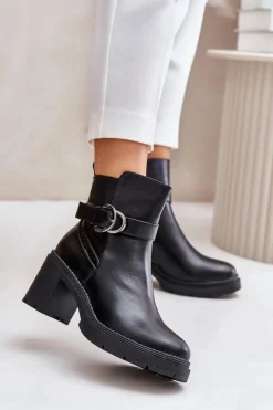 Outlet Boto Botki Damskie Na Obcasie Słupku Ocieplane Na Zamek Czarne Inabelle