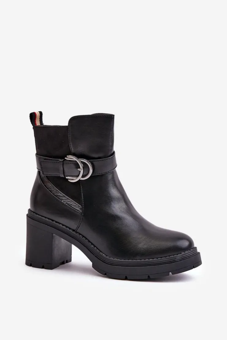 Outlet Boto Botki Damskie Na Obcasie Słupku Ocieplane Na Zamek Czarne Inabelle