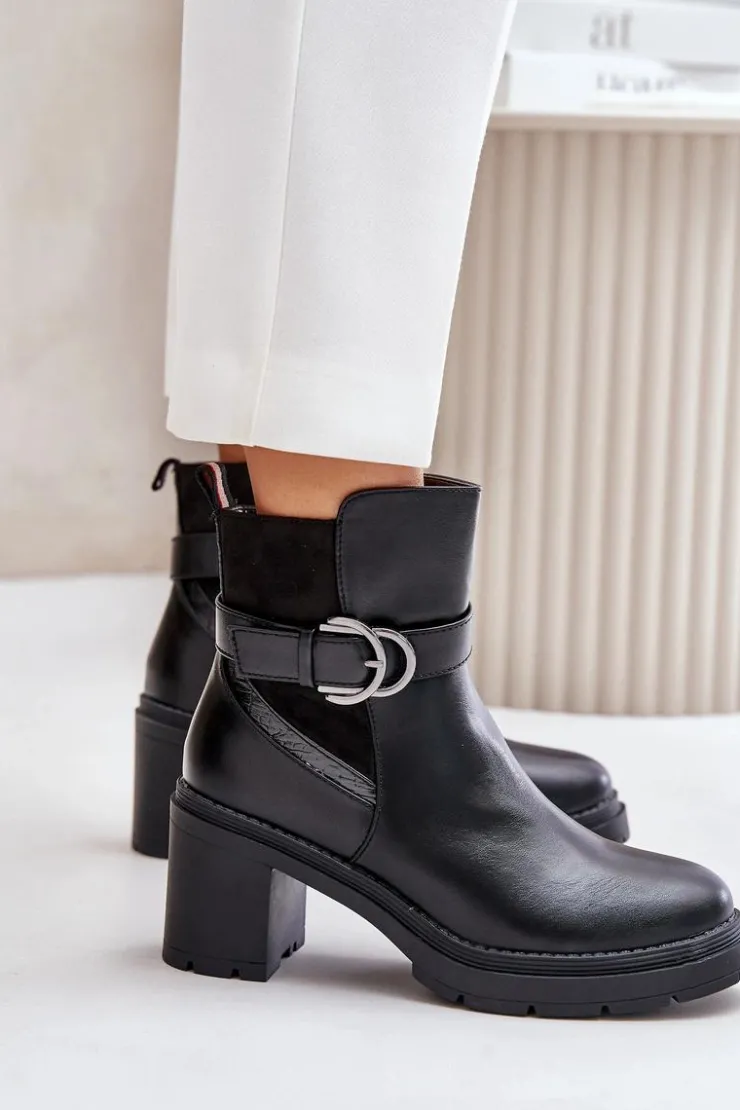 Outlet Boto Botki Damskie Na Obcasie Słupku Ocieplane Na Zamek Czarne Inabelle