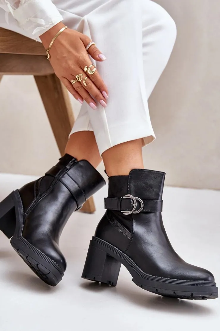 Outlet Boto Botki Damskie Na Obcasie Słupku Ocieplane Na Zamek Czarne Inabelle