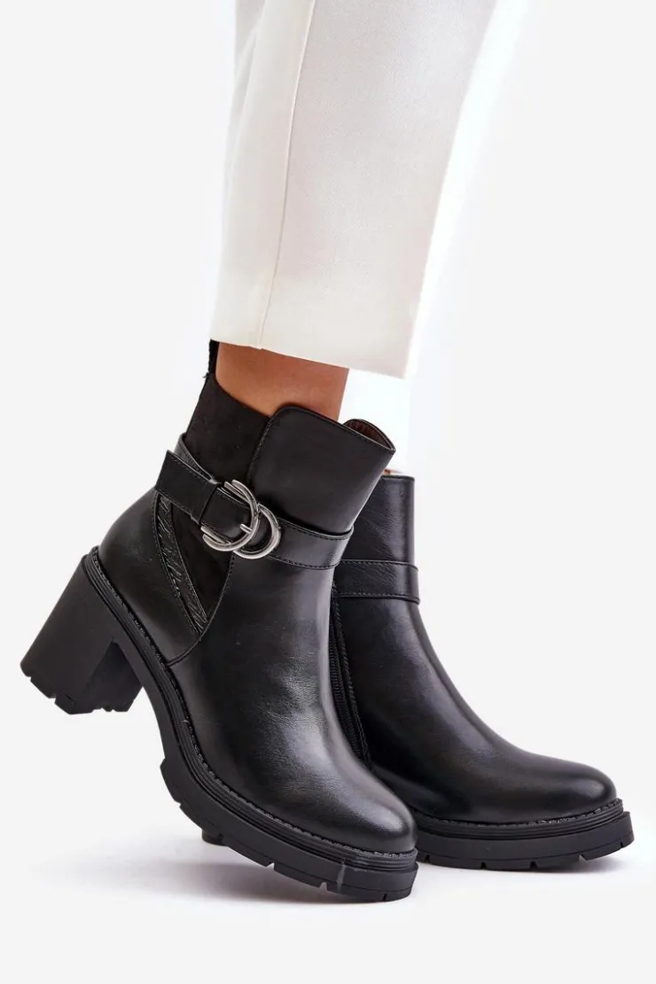 Outlet Boto Botki Damskie Na Obcasie Słupku Ocieplane Na Zamek Czarne Inabelle