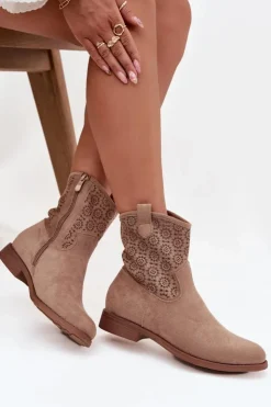Damskie Damskie buty S.Barski Botki Damskie Na Płaskim Obcasie Z Ażurowym Wzorem S.Barski HY52-530 Beżowe