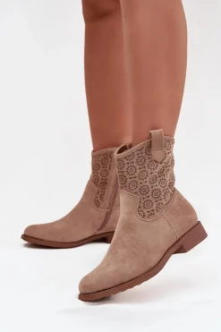 Damskie Damskie buty S.Barski Botki Damskie Na Płaskim Obcasie Z Ażurowym Wzorem S.Barski HY52-530 Beżowe