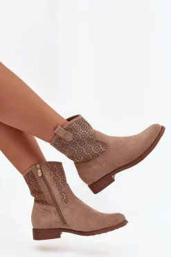 Damskie Damskie buty S.Barski Botki Damskie Na Płaskim Obcasie Z Ażurowym Wzorem S.Barski HY52-530 Beżowe