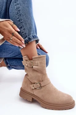 Boto Brązowe I Beżowe Botki|Botki Płaskie*Botki Damskie Na Płaskim Obcasie Z Klamrami Beżowe Bliggore Beżowy