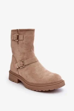 Boto Brązowe I Beżowe Botki|Botki Płaskie*Botki Damskie Na Płaskim Obcasie Z Klamrami Beżowe Bliggore Beżowy