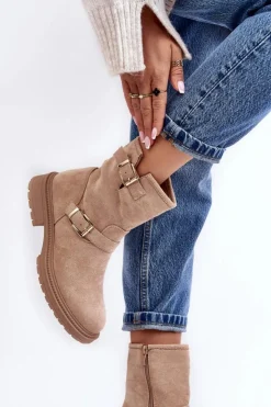 Boto Brązowe I Beżowe Botki|Botki Płaskie*Botki Damskie Na Płaskim Obcasie Z Klamrami Beżowe Bliggore Beżowy