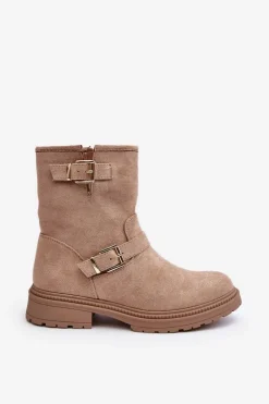 Boto Brązowe I Beżowe Botki|Botki Płaskie*Botki Damskie Na Płaskim Obcasie Z Klamrami Beżowe Bliggore Beżowy