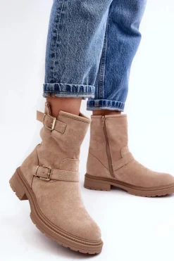 Boto Brązowe I Beżowe Botki|Botki Płaskie*Botki Damskie Na Płaskim Obcasie Z Klamrami Beżowe Bliggore Beżowy