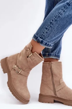 Boto Brązowe I Beżowe Botki|Botki Płaskie*Botki Damskie Na Płaskim Obcasie Z Klamrami Beżowe Bliggore Beżowy