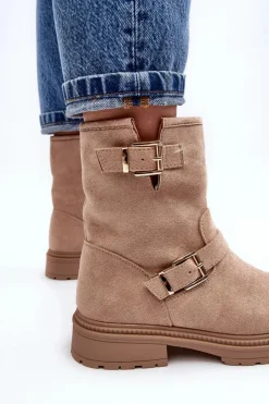 Boto Brązowe I Beżowe Botki|Botki Płaskie*Botki Damskie Na Płaskim Obcasie Z Klamrami Beżowe Bliggore Beżowy