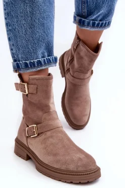 Damskie Boto Botki Damskie Na Płaskim Obcasie Z Klamrami Ciemnobeżowe Bliggore