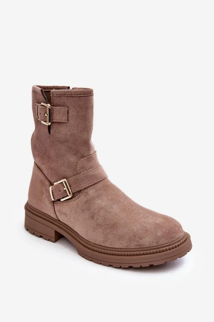 Damskie Boto Botki Damskie Na Płaskim Obcasie Z Klamrami Ciemnobeżowe Bliggore