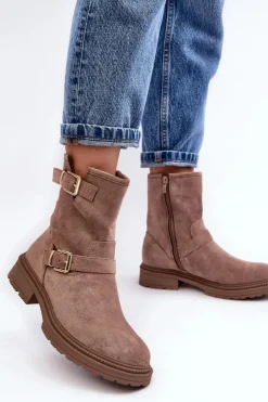 Damskie Boto Botki Damskie Na Płaskim Obcasie Z Klamrami Ciemnobeżowe Bliggore