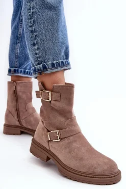 Damskie Boto Botki Damskie Na Płaskim Obcasie Z Klamrami Ciemnobeżowe Bliggore