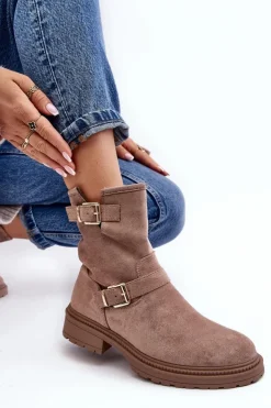 Damskie Boto Botki Damskie Na Płaskim Obcasie Z Klamrami Ciemnobeżowe Bliggore