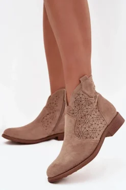 Damskie buty S.Barski Botki Ażurowe|Botki Płaskie*Botki Damskie Na Płaskim Obcasie S.Barski HY52-532 Beżowe Beżowy