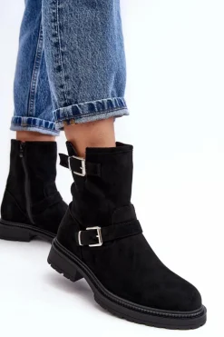 Best Boto Botki Damskie Na Płaskim Obcasie Z Klamrami Czarne Bliggore Czarny