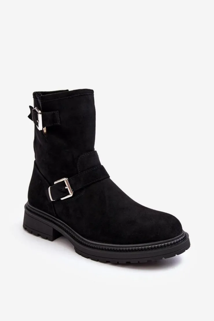 Best Boto Botki Damskie Na Płaskim Obcasie Z Klamrami Czarne Bliggore Czarny