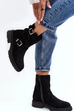 Best Boto Botki Damskie Na Płaskim Obcasie Z Klamrami Czarne Bliggore Czarny