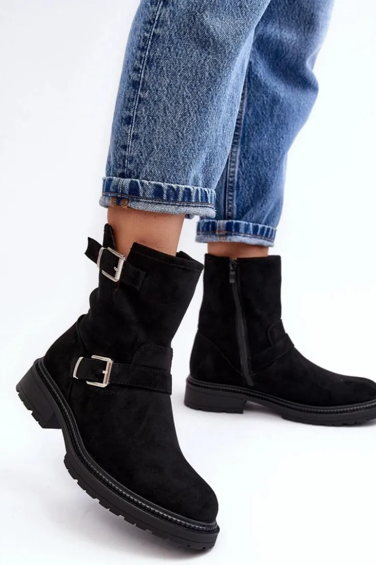 Best Boto Botki Damskie Na Płaskim Obcasie Z Klamrami Czarne Bliggore Czarny