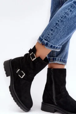 Best Boto Botki Damskie Na Płaskim Obcasie Z Klamrami Czarne Bliggore Czarny