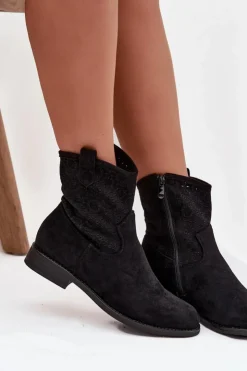 Damskie buty S.Barski Botki Ażurowe|Botki Płaskie*Botki Damskie Na Płaskim Obcasie Z Ażurowym Wzorem S.Barski HY52-530 Czarne Czarny