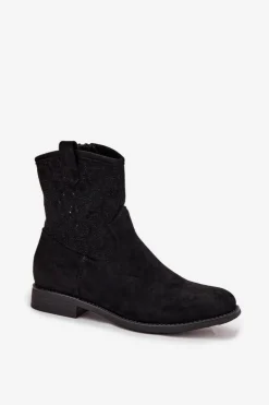 Damskie buty S.Barski Botki Ażurowe|Botki Płaskie*Botki Damskie Na Płaskim Obcasie Z Ażurowym Wzorem S.Barski HY52-530 Czarne Czarny