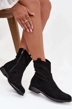 Damskie buty S.Barski Botki Ażurowe|Botki Płaskie*Botki Damskie Na Płaskim Obcasie Z Ażurowym Wzorem S.Barski HY52-530 Czarne Czarny