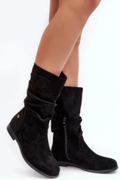 Damskie Evento Botki Damskie Na Płaskim Obcasie Z Marszczoną Cholewką Czarne Kotine