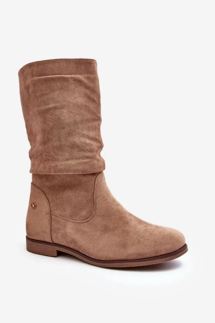 Clearance Evento Botki Damskie Na Płaskim Obcasie Z Marszczoną Cholewką Beżowe Kotine