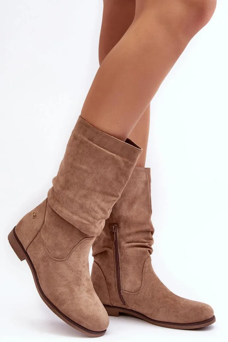 Clearance Evento Botki Damskie Na Płaskim Obcasie Z Marszczoną Cholewką Beżowe Kotine