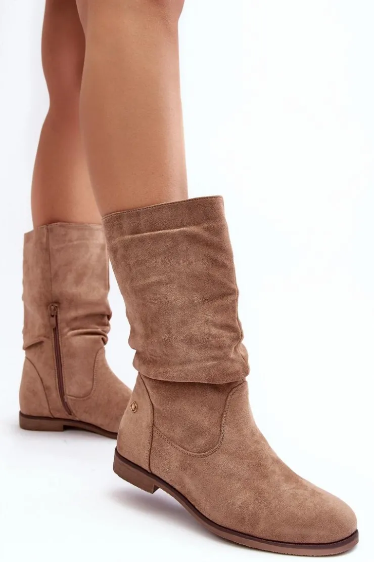 Clearance Evento Botki Damskie Na Płaskim Obcasie Z Marszczoną Cholewką Beżowe Kotine