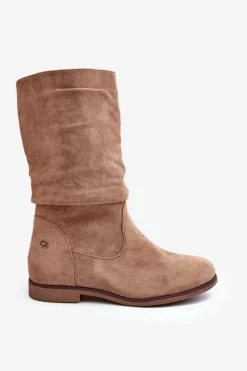 Clearance Evento Botki Damskie Na Płaskim Obcasie Z Marszczoną Cholewką Beżowe Kotine