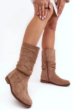 Clearance Evento Botki Damskie Na Płaskim Obcasie Z Marszczoną Cholewką Beżowe Kotine