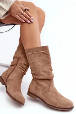 Clearance Evento Botki Damskie Na Płaskim Obcasie Z Marszczoną Cholewką Beżowe Kotine