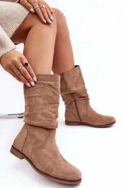 Clearance Evento Botki Damskie Na Płaskim Obcasie Z Marszczoną Cholewką Beżowe Kotine
