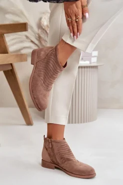 Damskie Damskie buty S.Barski Botki Damskie Na Płaskim Obcasie Ażurowe Brązowe S.Barski HY42-076