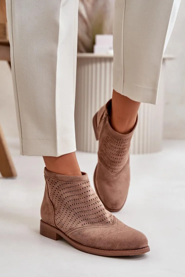 Damskie Damskie buty S.Barski Botki Damskie Na Płaskim Obcasie Ażurowe Brązowe S.Barski HY42-076