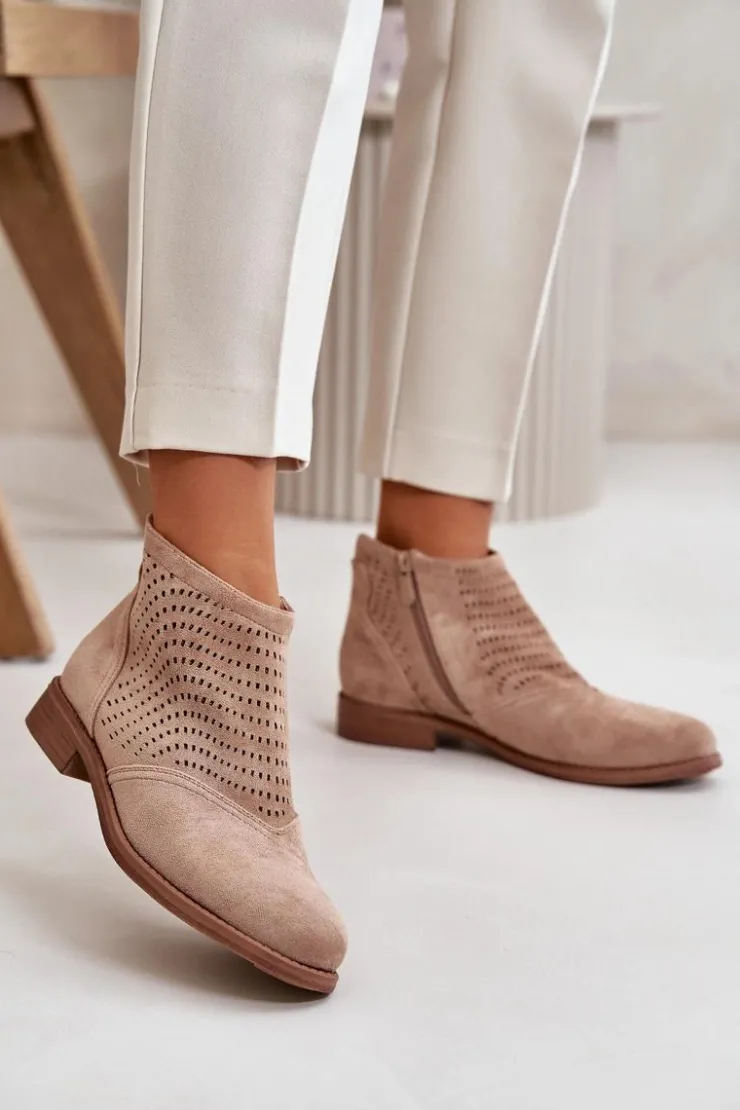 Damskie buty S.Barski Botki Ażurowe|Brązowe I Beżowe Botki*Botki Damskie Na Płaskim Obcasie Ażurowe Beżowe S.Barski HY42-076 Beżowy