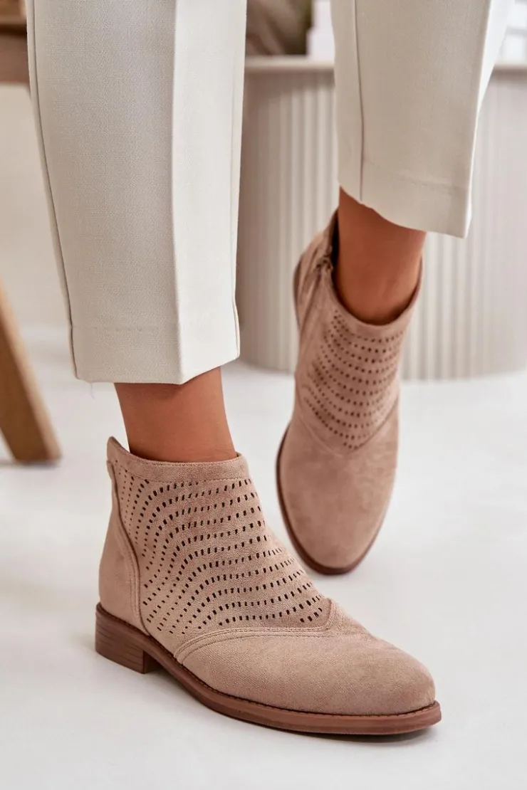 Damskie buty S.Barski Botki Ażurowe|Brązowe I Beżowe Botki*Botki Damskie Na Płaskim Obcasie Ażurowe Beżowe S.Barski HY42-076 Beżowy