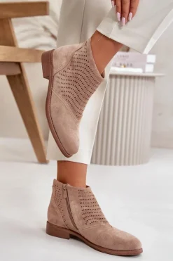 Damskie buty S.Barski Botki Ażurowe|Brązowe I Beżowe Botki*Botki Damskie Na Płaskim Obcasie Ażurowe Beżowe S.Barski HY42-076 Beżowy