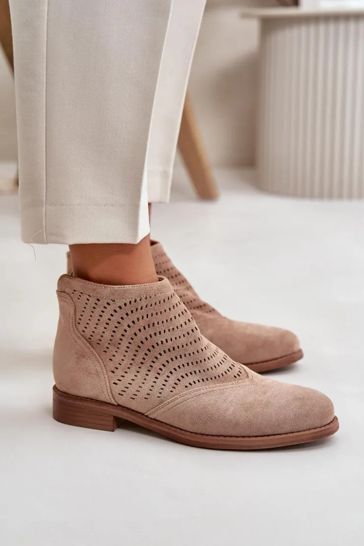 Damskie buty S.Barski Botki Ażurowe|Brązowe I Beżowe Botki*Botki Damskie Na Płaskim Obcasie Ażurowe Beżowe S.Barski HY42-076 Beżowy