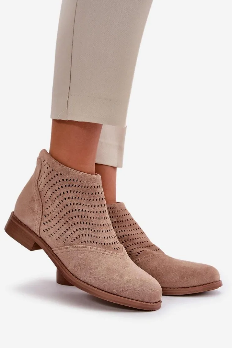 Damskie buty S.Barski Botki Ażurowe|Brązowe I Beżowe Botki*Botki Damskie Na Płaskim Obcasie Ażurowe Beżowe S.Barski HY42-076 Beżowy