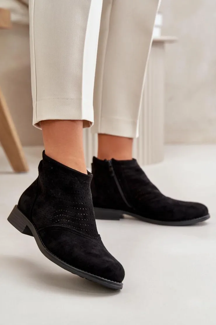 Clearance Damskie buty S.Barski Botki Damskie Na Płaskim Obcasie Ażurowe Czarne S.Barski HY42-076 Czarny