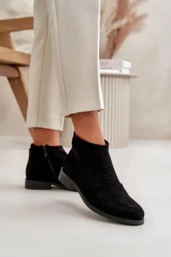 Clearance Damskie buty S.Barski Botki Damskie Na Płaskim Obcasie Ażurowe Czarne S.Barski HY42-076 Czarny